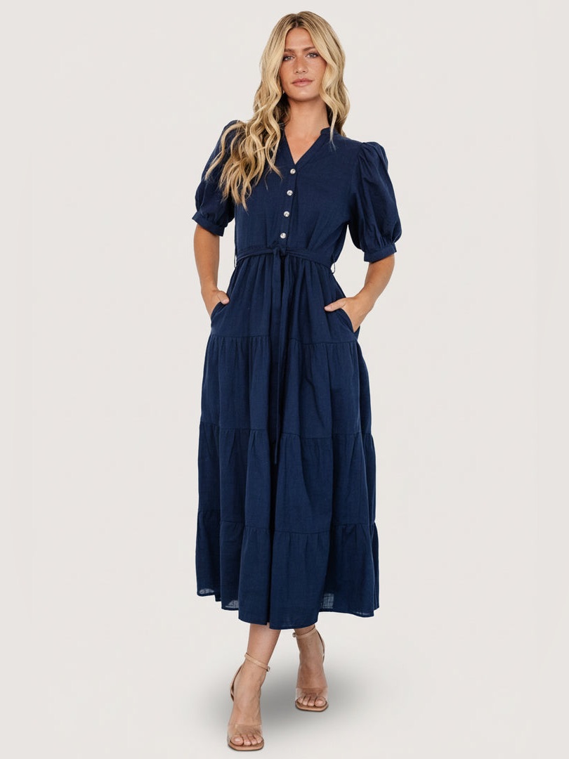 Baltic Born Camille Navy Button-Front Tiered Maxi Dress With Tie Waist